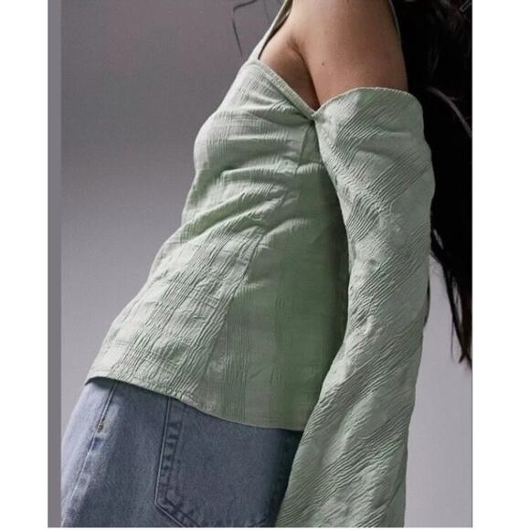 New TOPSHOP Green Plaid Long Sleeve Cold Shoulder Blouse Top Size 4 - Picture 3 of 7